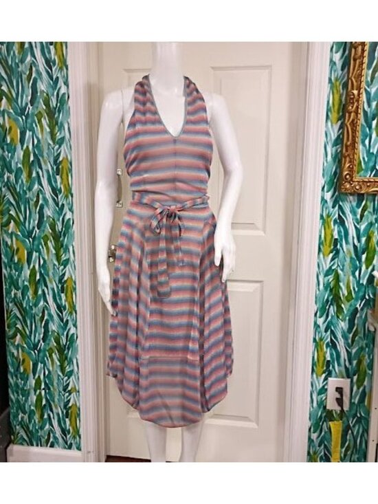 Samuel Dong Size M/L Striped Halter Midi Dress Handkerchief Hem & Metallic Sheen - Picture 5 of 15